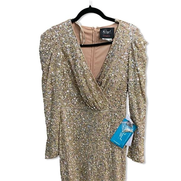 Mac Duggal 5510 Gold Puff Shoulder SequinSurplice Gown Long Sleeve Dress as is 6 - Picture 5 of 12